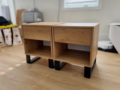 Free Oak Nightstands with Black Metal Legs, Set of 2, View more