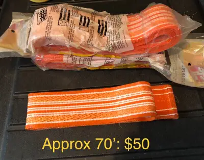 Hard to find this now; I Have some vintage lawn chair webbing. All 2” wide Orange with white stripes...