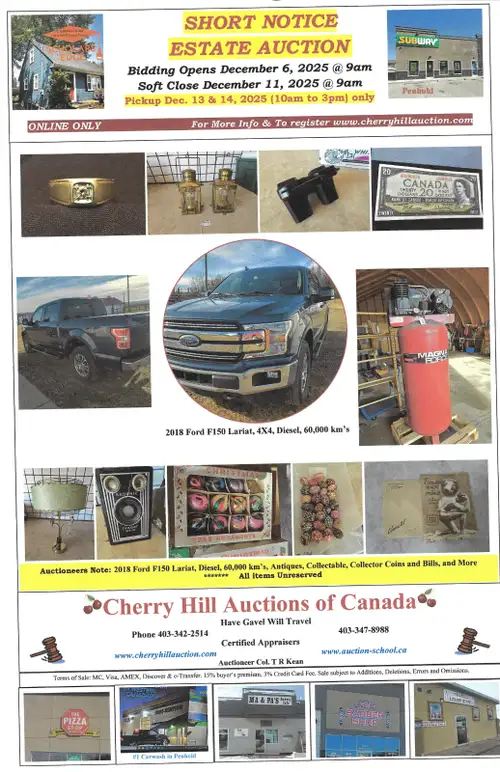 ESTATE AUCTION Opens Dec. 6/25 9am Soft Close Dec.11/25 9am One owner 2018 F150 Lariat diesel, 4x4 l...