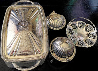 VINTAGE SILVER PLATED DISHES SET WITH GLASS INSERTS - ALL $75