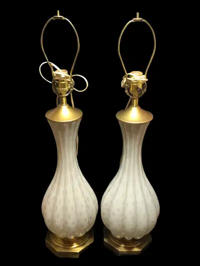 Pair Vintage MCM Barovier & Toso Murano Italy Art Glass Lamps Ex, View more