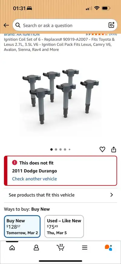 AA Ignition Coil Pack Set of 6 – 90919-A2007 Replacement – Toyota Lexus V6 – NEW Price: $90 CAD Bran...