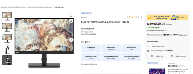 NEW Lenovo ThinkVision 21.5 inch Monitor - T22i-20
