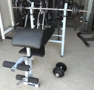 Bench Press, Barbell, Dumbbells and 200 Lbs. Iron Weights, View more