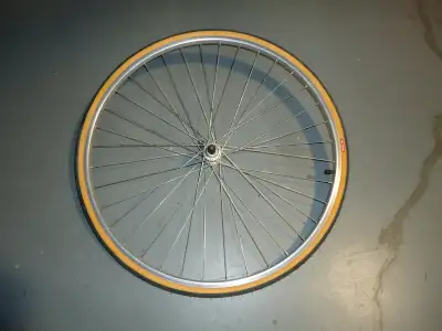 27 x 1 1/4 inch front road bike wheel with new tire and tube, View more