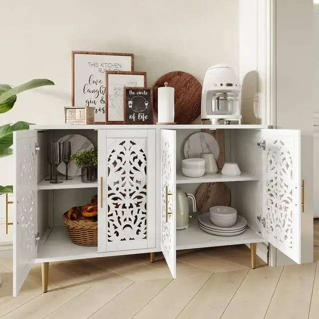 47.8" White 4-Door Vintage-Style Hollow Carved Accent Cabinet in Hutches & Display Cabinets in Markham / York Region - Image 3
