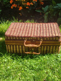 Vintage Suitcase Style Wicker Picnic Basket.  Farmhouse Basket. 