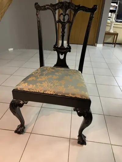 Vintage Chippendale Style Chair. Solid Wood. Seat material is a blue/gold color. Clean, no stains. P...