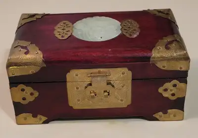 Vintage Chinese Jewelry Box - Rosewood, Brass with Jade Inlay, View more