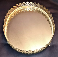 Oval Gold Filigree Regency-Style Footed Mirrored Vanity Tray!