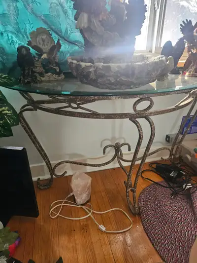 MOVING SALE! GLASS CONSOLE TABLE, GOOD CONDITION, GREEN ACCENT COLOR, WROUGHT IRON, GLASS TOP APPROX...