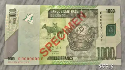 Spécimen 1000 francs 2013 Congo. Specimen banknote., View more