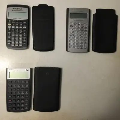 Texas Instruments BAII PLUS, $20. Texas Instruments BAII PLUS PROFESSIONAL, $30. HP 10bII+, $20. Pic...