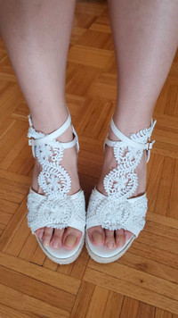 MiLanolce white lace wedge wedding shoes 