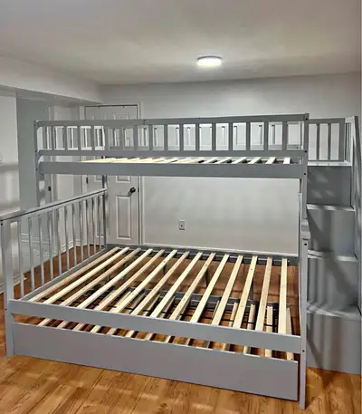 kids Trundle Bunk Bed Single Over Double With Storage & Stairs, View more