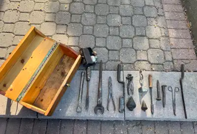 OLD Hand Blacksmith Tools in old wooden box. I can sell and ship without the box. Large open ended s...