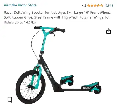 Age 6 & up, 143 pounds max, used Razor DeltaWing Kick Scooter, View more