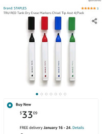  STAPLES TRU RED Tank Dry Erase Markers, Chisel Tip