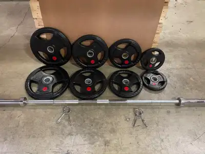 BRAND NEW 275 LB RUBBER PLATE AND BARBELL COMBO SET!, View more