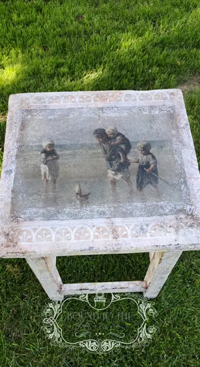 Primitive, Antique Wood Side Table, Restyled~Decoupage! Charming, View more