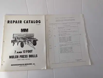 Minneapolis-Moline 7 & 12' Mulch Press Drill 1965- Parts Manual R-2111 + Supplemental. Please view p...