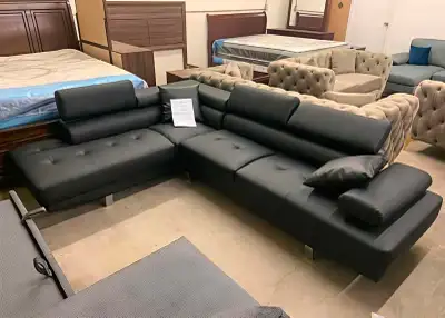 L shaped Black Leather Sectional Couch, View more