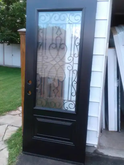 New 34 x80 Black Metal Door with Wrought Iron Frosted Glass, View more