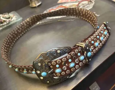 Italian Leather Western Belt – Turquoise Studded – Made in Italy, View more