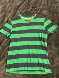 Lacoste V-Neck Pima Cotton T-Shirt. Green and Blue Stripes