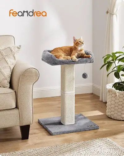 Cat Scratching Post, Cat Scratcher with Top Perch Bed, Fully Woven Sisal Covered Scratcher Post, Pom...