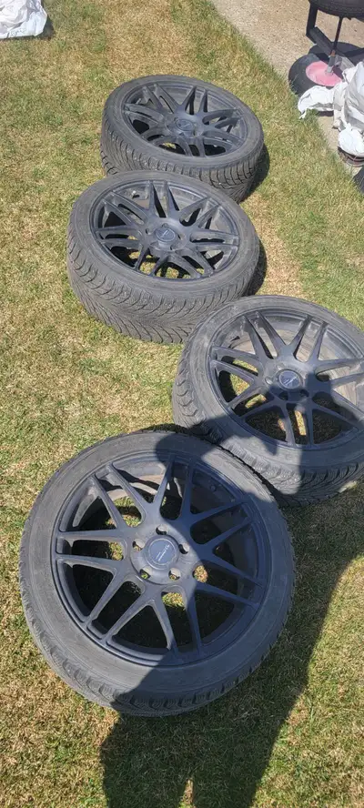 Bolt pattern is 114.3. 18+8, 245/40/18 tires on it. Tires are old and cracking, probably garbage but...