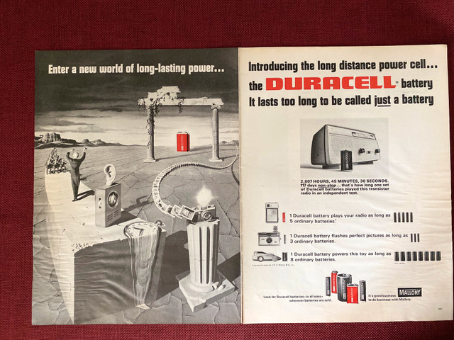 1965 Mallory’s Duracell Batteries Large 2-Page Original Ad in Arts & Collectibles in North Bay