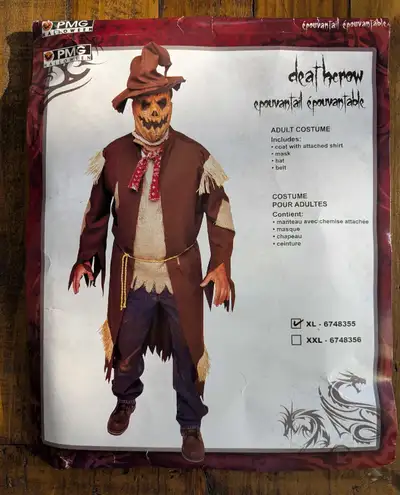 Adult-XL The costume includes: - Outer patched coat with attached burlap shirt and neck scarf. - Rop...