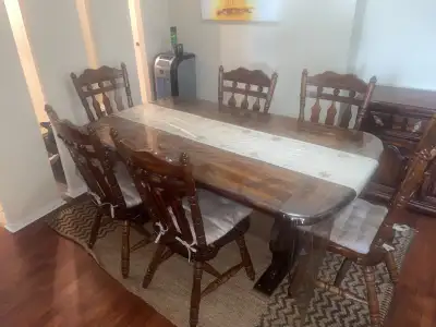 Vintage solid wood dining table w/ matching sideboard, View more