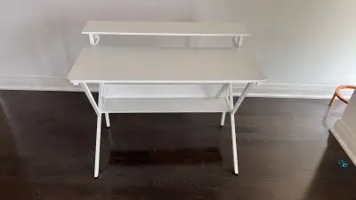 White computer desk with monitor stand and storage shelf , View more