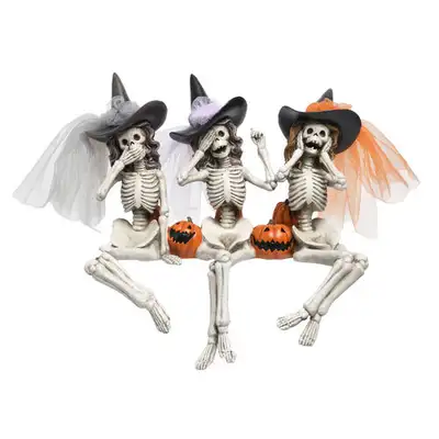 Speak no evil, see no evil, hear no evil. Stunning "3 SKELETON WITCHES SITTING" figurine stands 10"...
