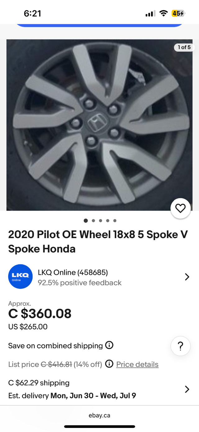2019-2022 Honda Pilot 18x8 5 V Spoke Machined Face Alloy rims in Tires & Rims in Annapolis Valley - Image 3
