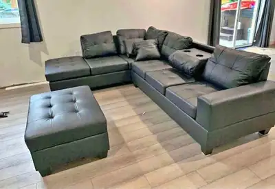 Large Black Leatherette Sectional – Comfortable -Brand New, View more