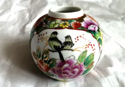 Vintage Chinese hand paint flowers & birds porcelain canister, View more