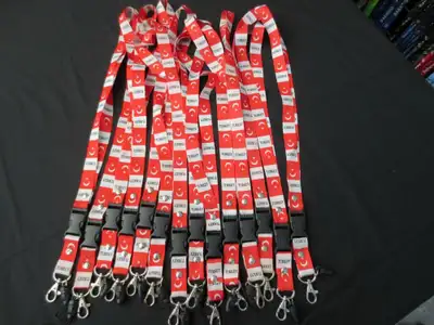 14 Turkey lanyards, new, strong material with clip. Iron on patches $4