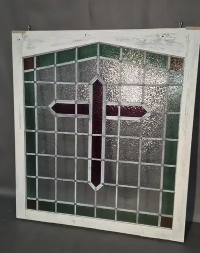 OLDER LARGE STAINED GLASS WINDOW + STAINED GLASS MIRROR, View more