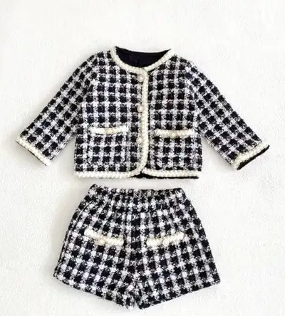 Black and White Plaid Tweed Jacket and Shorts Set, View more