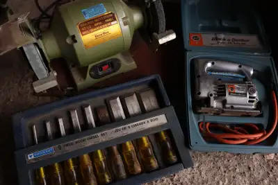 Tools - bench grinder, jigsaw, wood chisel set, View more
