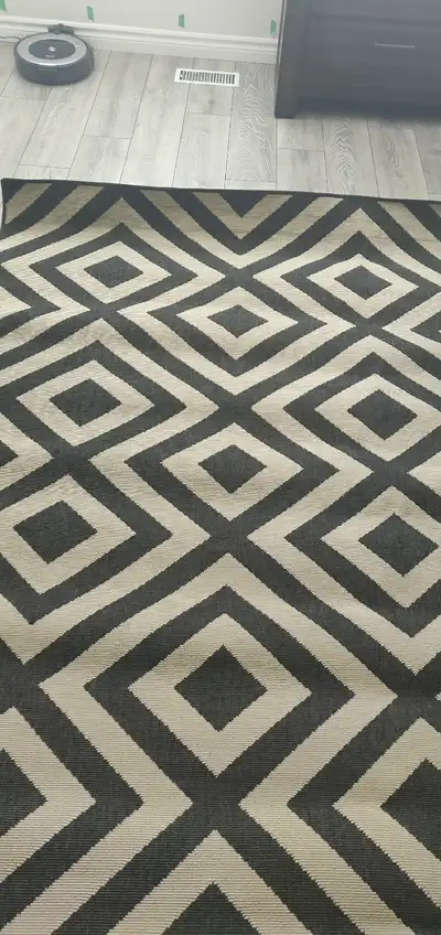 Surya Indoor/outdoor rug. The size of the rug is 5'3"x7'6". Geometric pattern black/toffee colour. B...
