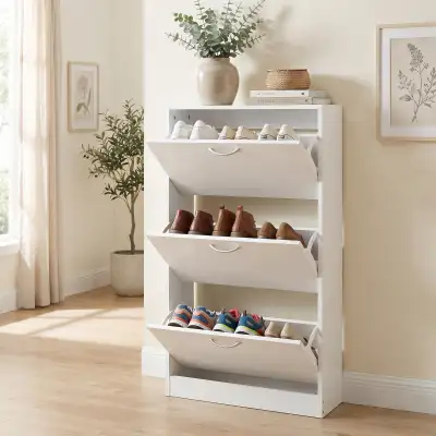 White Narrow Cabinet Flip Down Shoe Rack , View more