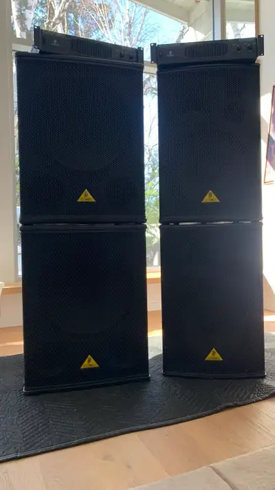 Complete PA system consisting of: 2x Power Amplifiers: Behringer EP2000- 1000watt power amp with 2x...