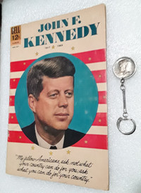 JOHN F KENNEDY (JFK)COMIC BOOK & 1964 HALF DOLLAR KEYCHAIN