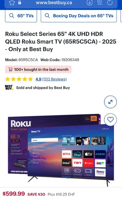 2025 Roku Select Series 65" 4K UHD HDR QLED Roku Smart TV$479.99, View more