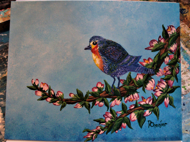 Acrylic Painting, Blue Bird on Flowering Branch in Arts & Collectibles in Sudbury - Image 2