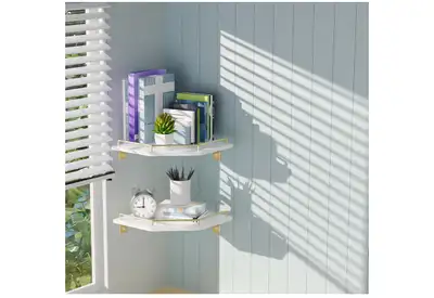 2 White Corner Shelves with Gold Metal Guardrail, View more
